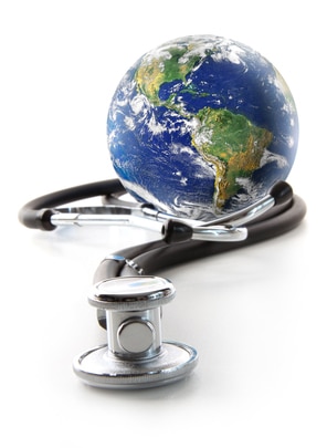 Stethoscope with globe on a white background