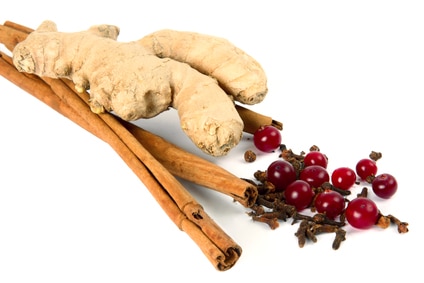 Cinnamon, carnation, ginger root and cranberry on white background.
Spices and berries for a curative drink.